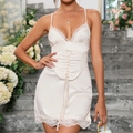 Satin V-neck mini dress with lace trim and corset-style lacing in cream white finish - XS / Off White