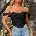 Damen schulterfreies Korsett-Top in Schwarz mit Falten-Design und kurzem Saum - XL / Schwarz