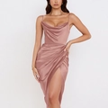 Satin cowl neck slip dress in dusty rose with a high side slit for formal events - XS / Deep Pink