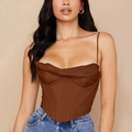 Haut corset en satin marron avec col bénitier et structure à baleines pour femme - XS / Marron
