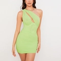 Neon green mesh one-shoulder mini dress with cutout detail and ruched bodycon fit - XS / Green