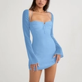 Light blue square neck mini dress with flare sleeves and drawstring detail for women - XS / Blue