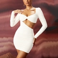 Robe moulante blanche à manches longues avec décolleté carré et détails découpés - XS / Blanc