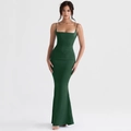Elegant emerald green satin mermaid maxi dress with spaghetti straps and corset bodice - XS / Dark Green