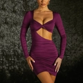 Robe moulante violette à manches longues avec décolleté en cœur, découpes et fronces - XS / Violet
