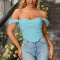 Eng anliegendes hellblaues Korsett-Top mit Herzausschnitt und gerafften Details - XS / Blau