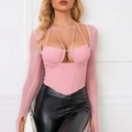 Haut corset rose avec manches longues en maille transparente et licou pour femmes - XS / Rose