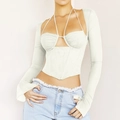 Haut corset blanc à manches longues avec bretelles licou et détails en maille - XS / Blanc