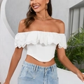 White eyelet lace off-the-shoulder crop top with ruffles and slim fit for women - XS / White