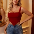 Slim fit red corset crop top with mesh detailing and square neckline for women - S / Red