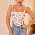 Top a corsetto floreale con stecche e orlo a triangolo con jeans blu chiaro denim - L / Floreale Viola