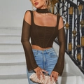 Women's brown mesh long sleeve corset top with halter square neck and fishbone detail - XS / Brown