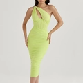 Neon yellow one-shoulder midi dress with ruched detail and corset boning structure - XS / Yellow-Green