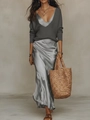 Women fashion two-piece set with dark grey V-neck knit top and silver satin maxi skirt - Gray Dress / XS