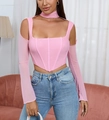 Light pink mesh long sleeve corset top with square neck and matching choker accessory - XS / Pink