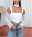White corset top with square neck, mesh long sleeves and cut-out cold shoulder detail - XS / White
