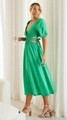 Green midi dress with V-neck, puff sleeves, and waist cut-outs in a light fabric - S / Green