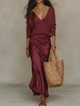 Detail of burgundy V-neck knitted sweater paired with a matching silk satin maxi skirt - Wine Red Sweater / L