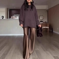 Women's dark brown oversized knit sweater paired with bronze satin wide-leg pants - XS / Dark Brown