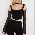Women's black corset style top with mesh long sleeves and matching choker set - S / Black