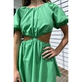 Detailed view of puff sleeves and waist cutout design on a green summer A-line dress - S / Green