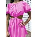 Chic pink puff sleeve A-line dress with side cutouts for a stylish summer fashion look - S / Rose Red