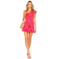 Sommerliches Streifenkleid schulterfrei in Rosa und Orange mit Quasten und Volant-Saum - S / Rote Streifen