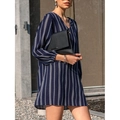 Elegant navy V-neck long sleeve dress with white vertical geometric stripes and lantern sleeves - S / Dark Blue