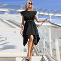 Elegant black sleeveless dress with ruffled shoulders, waist tie, and asymmetrical hemline - Black