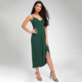 Slim fit dark green V-neck camisole dress with elegant pleated slit and thin straps - M / Green