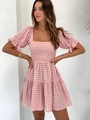 Robe vichy rose et blanc avec col carré, manches bouffantes et bustier froncé - S / Carreaux Rose Blanc