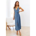 Elegantes staubblaues Satin-Midikleid mit V-Ausschnitt, Knöpfen und hohem Beinschlitz - S / Hellblau