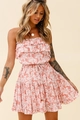 Detail of floral off-shoulder mini dress featuring ruffled layers and drawstring waist - Blush Pink