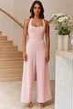 Detail of elegant pink halter neck jumpsuit with sweetheart neckline and wide-leg cut - S / Blush