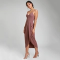 Elegant V-neck pleated slip dress for women in dusty rose with asymmetric hem design - S / Tan