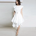 Elegant white sleeveless dress with ruffled shoulders, belt, and asymmetric hemline - White