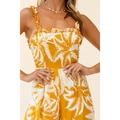Gelber Boho-Sommer-Jumpsuit mit weißem Palmendruck und Trägern mit Rüschen - L / Gelb