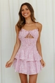 Mini abito in chiffon a fiori rosa con spalline sottili e vita elasticizzata a punto smock - S / Rosa Floreale