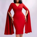 Elegantes rotes V-Ausschnitt Bodycon-Midikleid mit dramatisch langen Schlitzärmeln - S / Rot