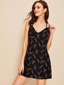 Slim fit black V-neck camisole dress with pink abstract cross line prints and spaghetti straps - S / Black