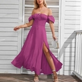 Abito lungo magenta stile francese con spalle scoperte, maniche a sbuffo e spacco alto - XS / Rosa Rosso