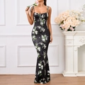 Floral print backless maxi dress with adjustable straps and mermaid hemline - XS / Black with Lily of the Valley Print