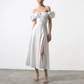 Elegant white French style off-shoulder puff sleeve maxi dress with high side slit - XS / White