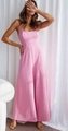 Light pink wide-leg halter jumpsuit with a square neckline and gathered waist detailing - S / Pink