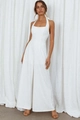 Elegant white halter neck wide-leg jumpsuit with backless design and slim waist fit - S / White