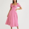 Abito midi rosa stile francese con maniche a sbuffo, scollo quadrato e spacco laterale - XS / Rosa