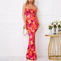 Slim fit floral fishtail maxi dress with abstract warm tone prints and drawstring front - Red Geometric Print
