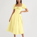 French style light yellow summer maxi dress with puff sleeves and high slit details - XS / Yellow