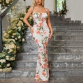 Slim fit floral maxi dress with red rose print, open back tie straps and fishtail hemline - White Red Rose Floral