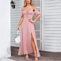 Dusty rose puff sleeve maxi dress with high slit and bow detail for summer style - XS / Nude Pink
